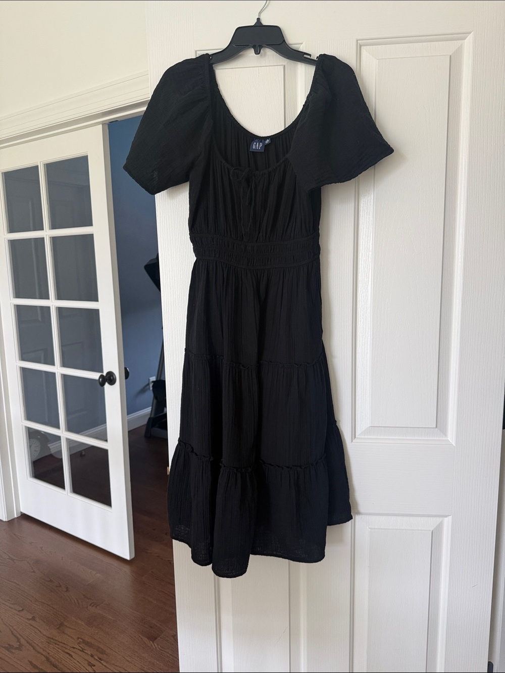 GAP Black Puff Sleeve Tiered Midi Dress with Smocked Waist